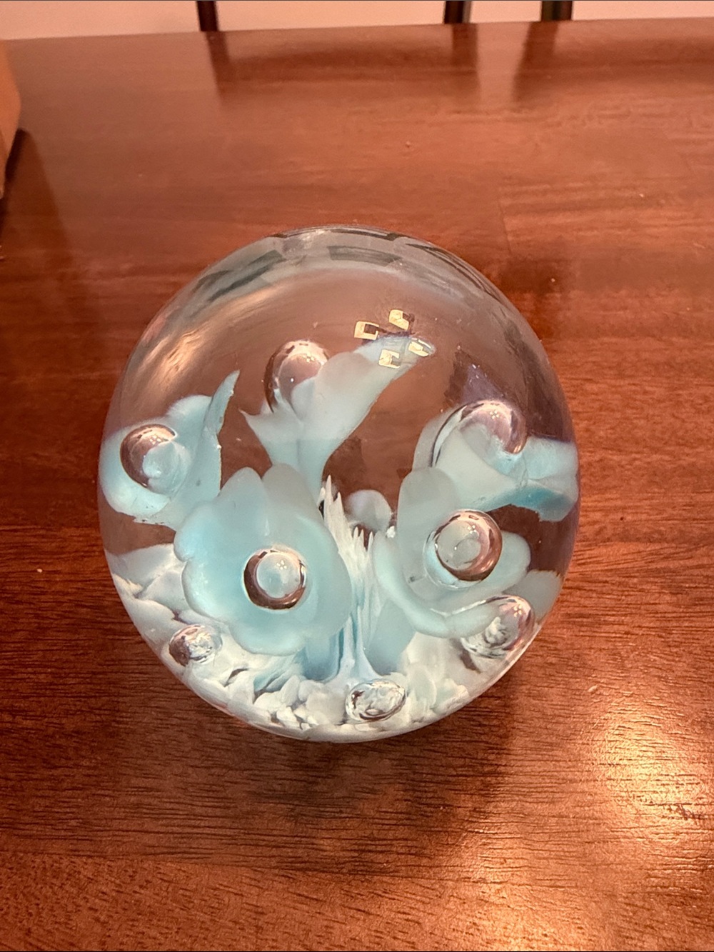 Joe St. Clair Handblown Blue Floral Glass Paperweight - Decorative Art Sphere